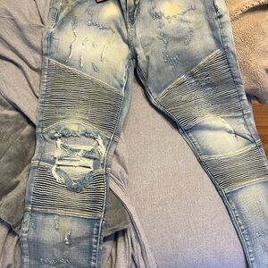 Light Blue Skinny Distressed Jeans with Ribbed Detailing